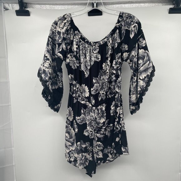 ANGIE Womens Floral Romper Long Belle Sleeves Lace Trim Black/Multi Size Medium - Picture 7 of 8